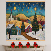 Charming Christmas Village with Decorated Tree and Golden Hills Under a Starry Night Sky in Whimsical Folk Art on Ready to Hang 1.5" Thick Canvas Wrap, Floating Framed Canvas, Flat Rolled Canvas